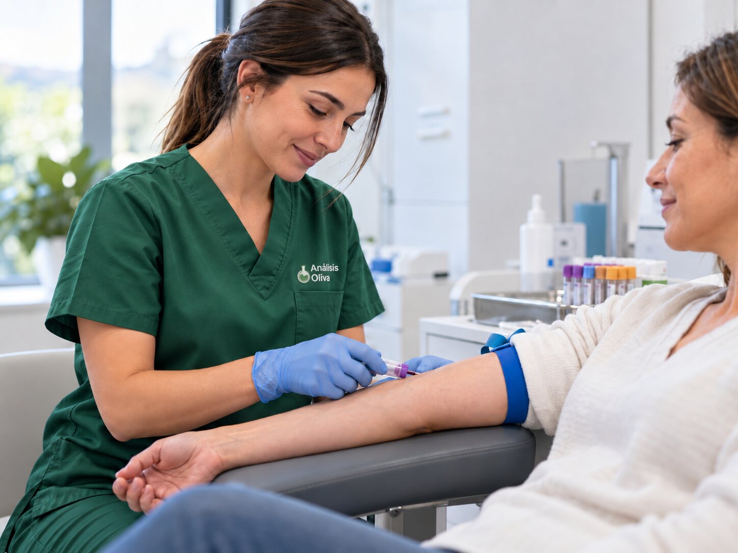 Profesional sanitaria con uniforme verde corporativo y un bordado discreto de Análisis Oliva realizando una extracción de sangre