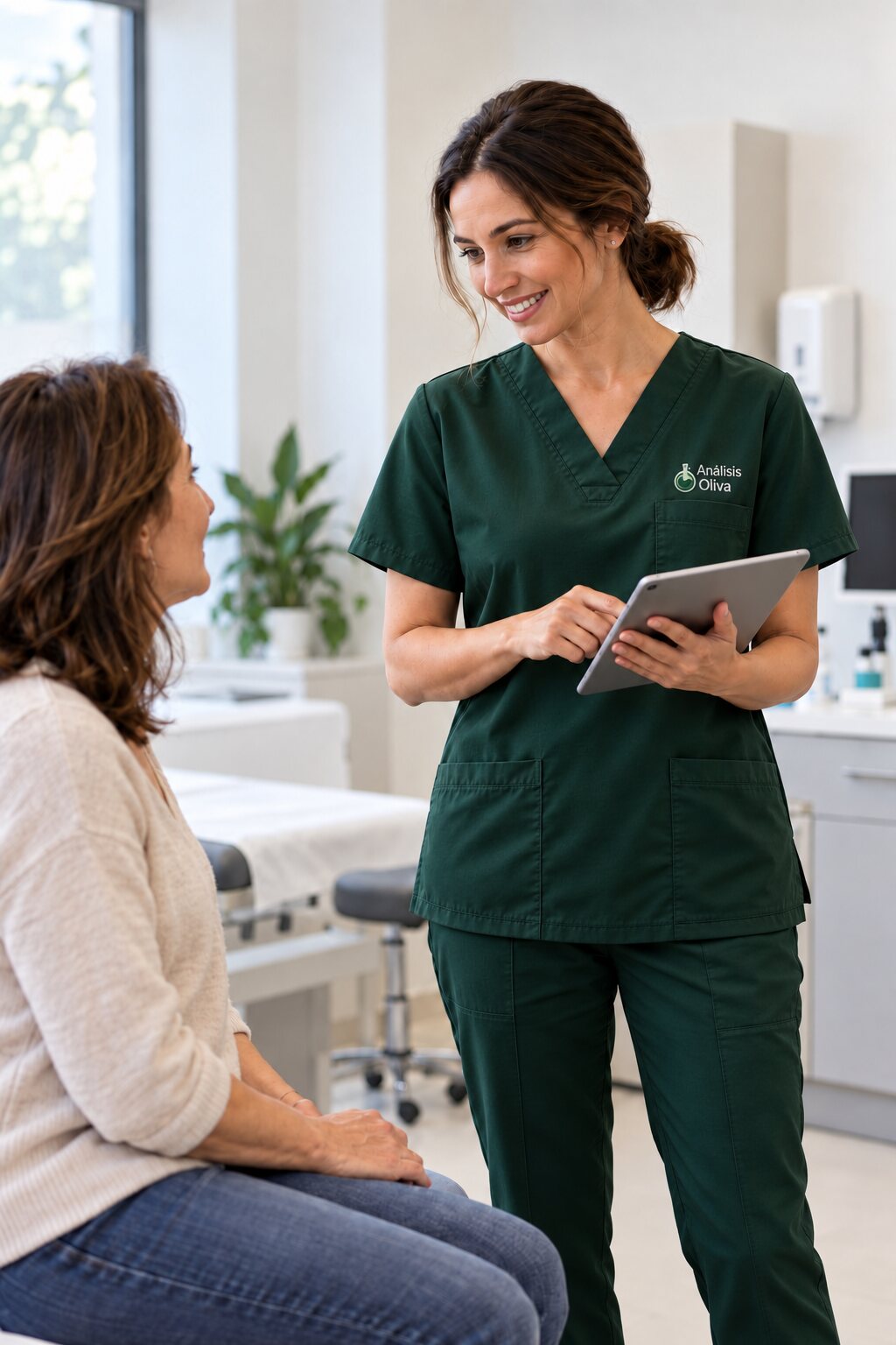 Profesional sanitaria con uniforme verde corporativo y un bordado discreto de Análisis Oliva, conversando con una paciente